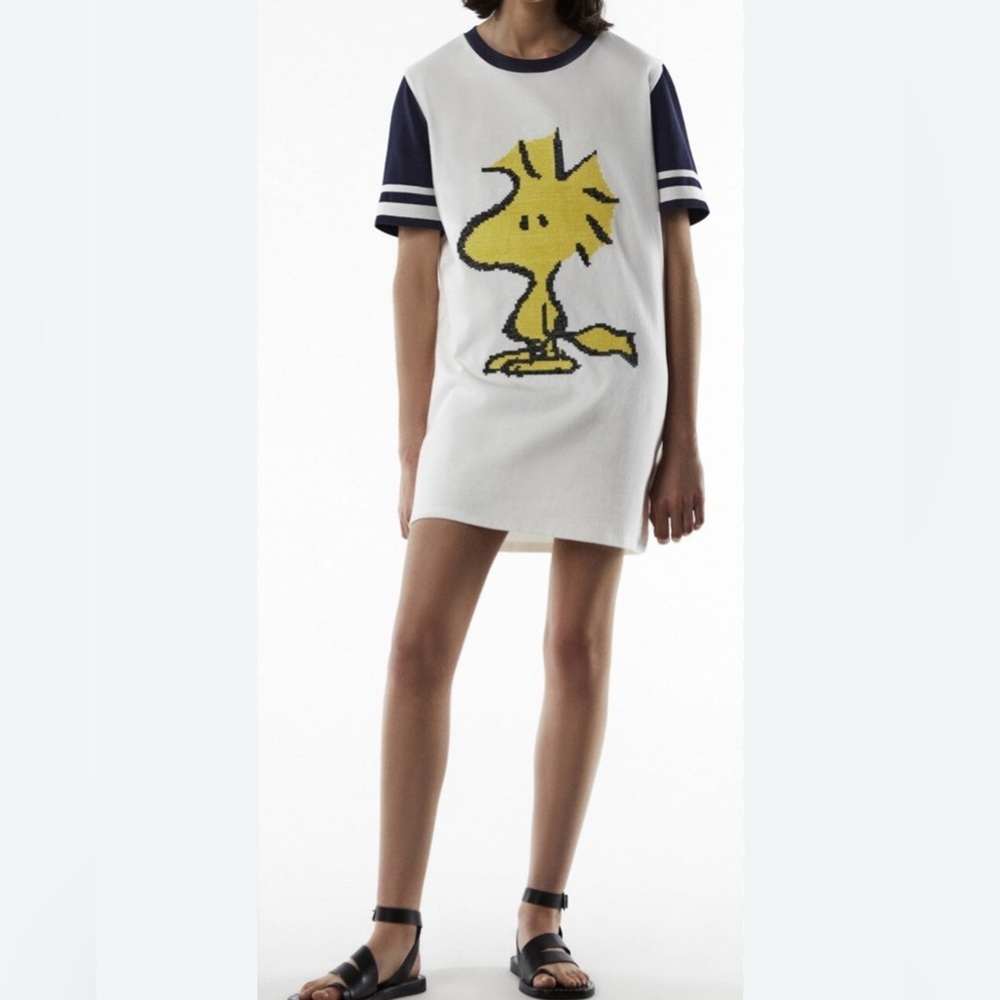 Zara Peanuts Woodstock Dress Small Varsity Tshirt cross Stitch Limited Edition